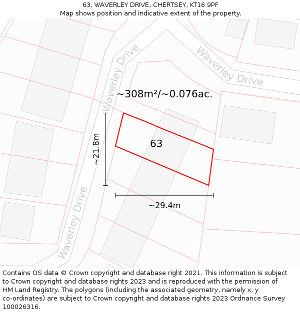 63, WAVERLEY DRIVE, CHERTSEY, KT16 9PF: Plot and title map