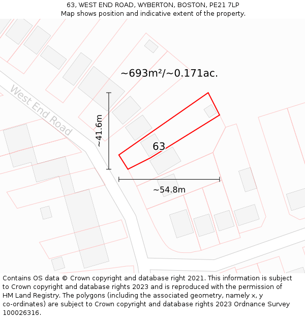 63, WEST END ROAD, WYBERTON, BOSTON, PE21 7LP: Plot and title map