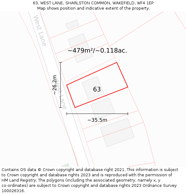 63, WEST LANE, SHARLSTON COMMON, WAKEFIELD, WF4 1EP: Plot and title map