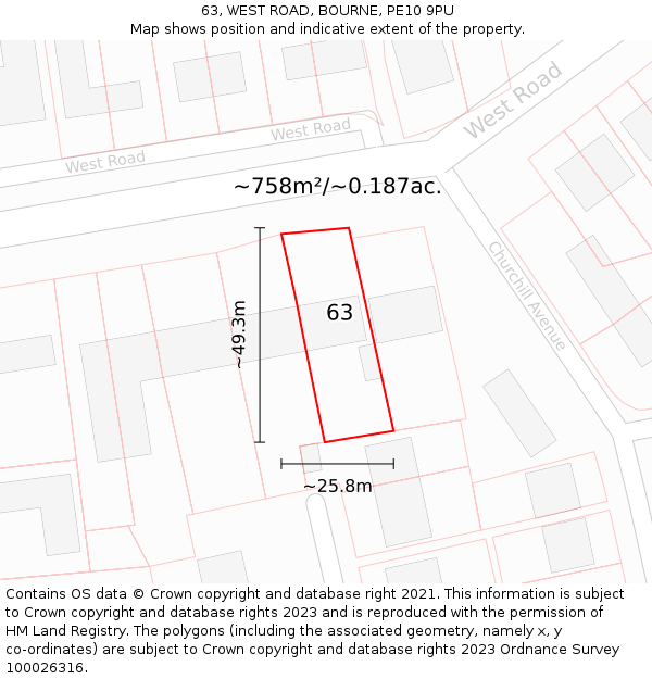 63, WEST ROAD, BOURNE, PE10 9PU: Plot and title map