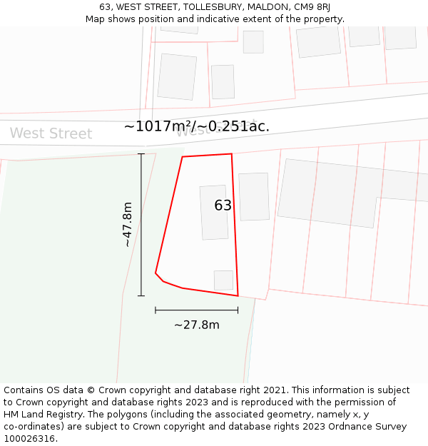 63, WEST STREET, TOLLESBURY, MALDON, CM9 8RJ: Plot and title map