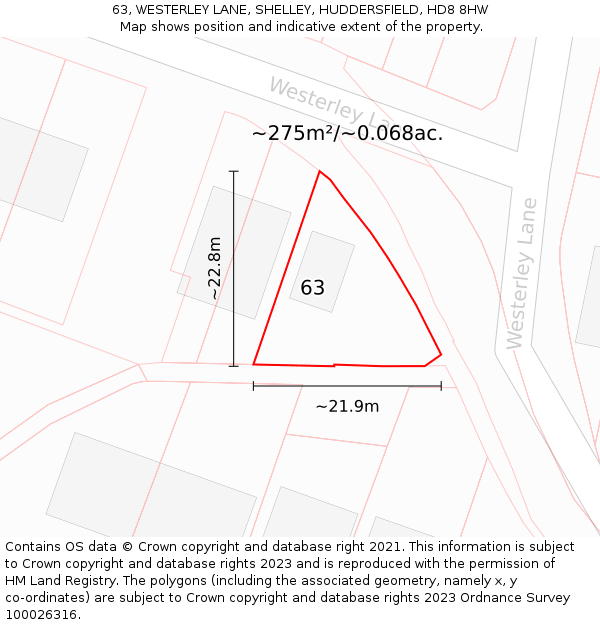 63, WESTERLEY LANE, SHELLEY, HUDDERSFIELD, HD8 8HW: Plot and title map