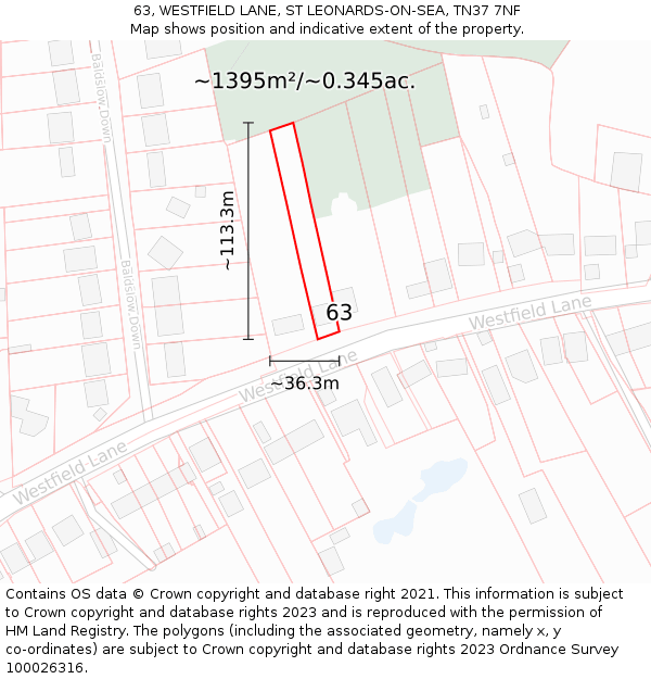 63, WESTFIELD LANE, ST LEONARDS-ON-SEA, TN37 7NF: Plot and title map
