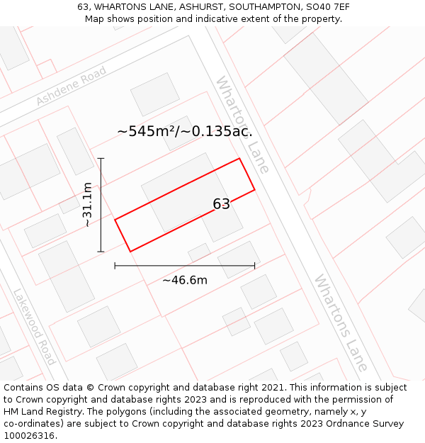 63, WHARTONS LANE, ASHURST, SOUTHAMPTON, SO40 7EF: Plot and title map