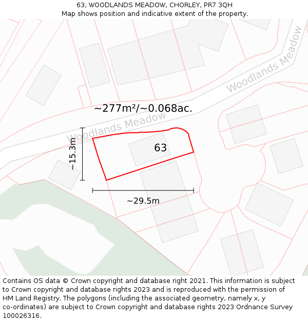 63, WOODLANDS MEADOW, CHORLEY, PR7 3QH: Plot and title map