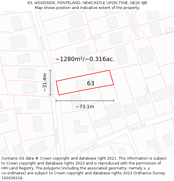 63, WOODSIDE, PONTELAND, NEWCASTLE UPON TYNE, NE20 9JB: Plot and title map