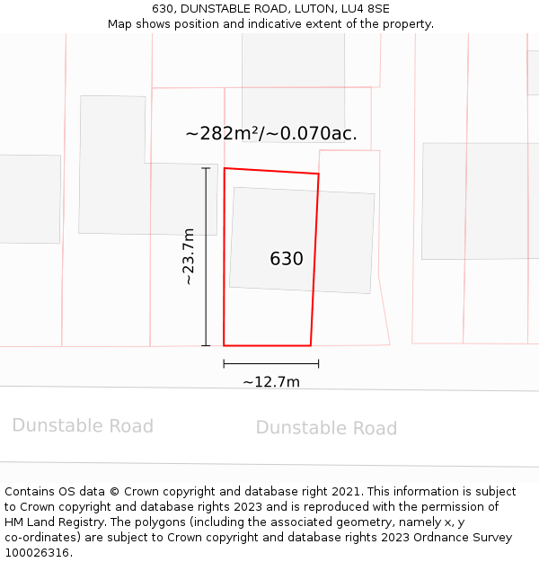 630, DUNSTABLE ROAD, LUTON, LU4 8SE: Plot and title map