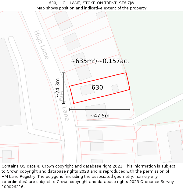 630, HIGH LANE, STOKE-ON-TRENT, ST6 7JW: Plot and title map