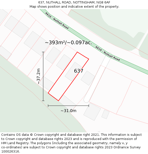 637, NUTHALL ROAD, NOTTINGHAM, NG8 6AF: Plot and title map