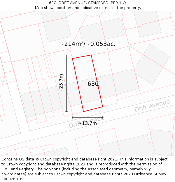 63C, DRIFT AVENUE, STAMFORD, PE9 1UY: Plot and title map