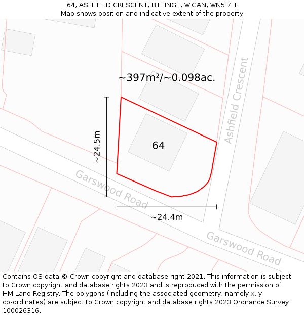 64, ASHFIELD CRESCENT, BILLINGE, WIGAN, WN5 7TE: Plot and title map