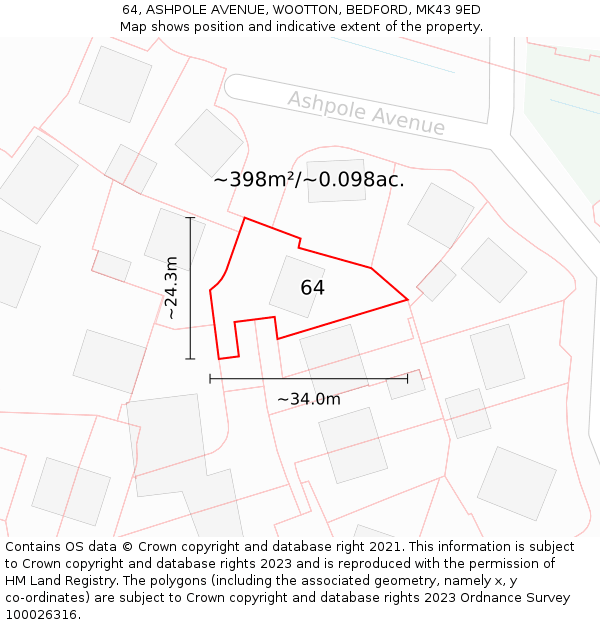 64, ASHPOLE AVENUE, WOOTTON, BEDFORD, MK43 9ED: Plot and title map