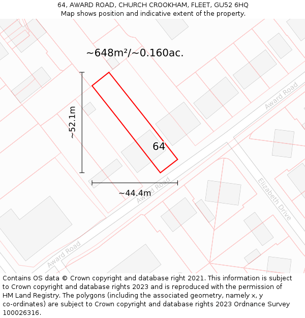 64, AWARD ROAD, CHURCH CROOKHAM, FLEET, GU52 6HQ: Plot and title map