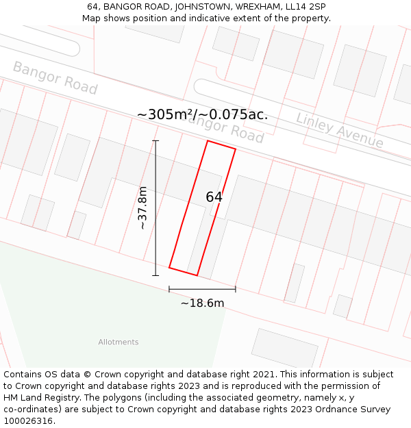 64, BANGOR ROAD, JOHNSTOWN, WREXHAM, LL14 2SP: Plot and title map