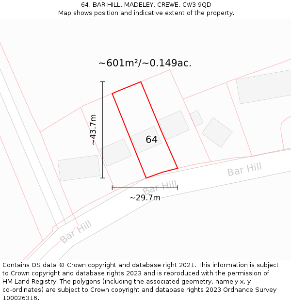 64, BAR HILL, MADELEY, CREWE, CW3 9QD: Plot and title map