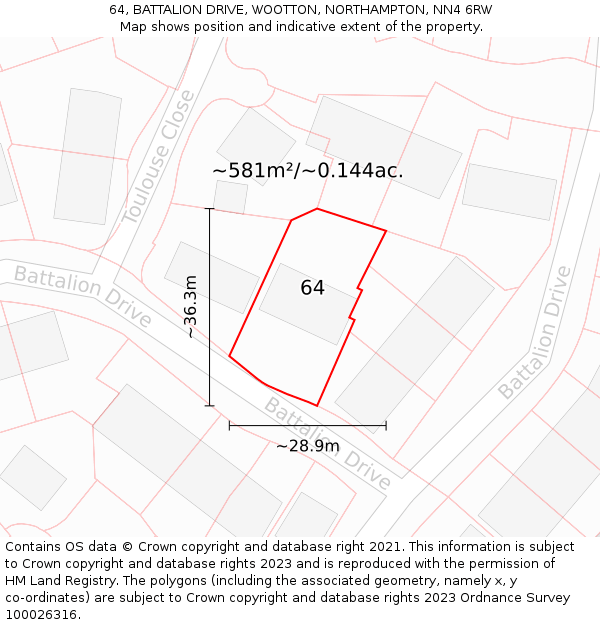 64, BATTALION DRIVE, WOOTTON, NORTHAMPTON, NN4 6RW: Plot and title map