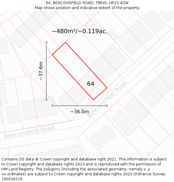 64, BEACONSFIELD ROAD, TRING, HP23 4DW: Plot and title map