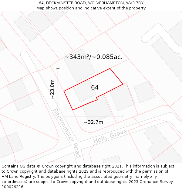 64, BECKMINSTER ROAD, WOLVERHAMPTON, WV3 7DY: Plot and title map