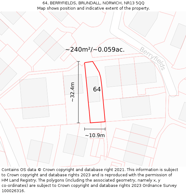 64, BERRYFIELDS, BRUNDALL, NORWICH, NR13 5QQ: Plot and title map