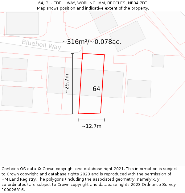 64, BLUEBELL WAY, WORLINGHAM, BECCLES, NR34 7BT: Plot and title map