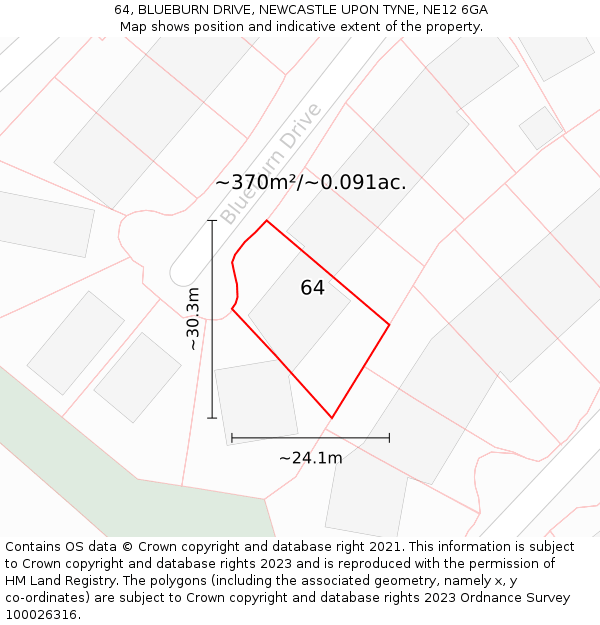 64, BLUEBURN DRIVE, NEWCASTLE UPON TYNE, NE12 6GA: Plot and title map