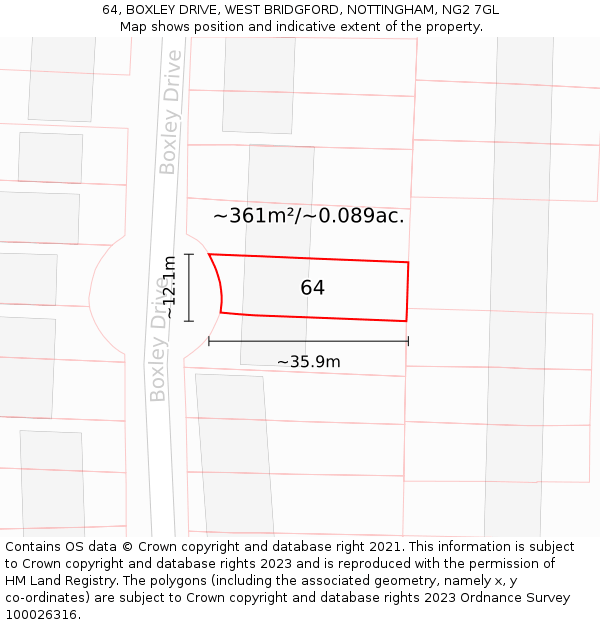 64, BOXLEY DRIVE, WEST BRIDGFORD, NOTTINGHAM, NG2 7GL: Plot and title map