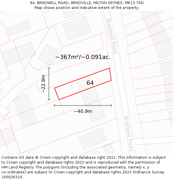 64, BRADWELL ROAD, BRADVILLE, MILTON KEYNES, MK13 7AD: Plot and title map