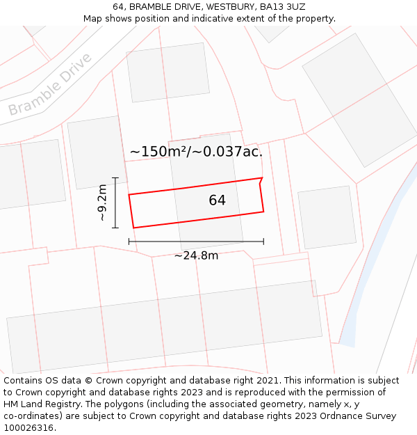 64, BRAMBLE DRIVE, WESTBURY, BA13 3UZ: Plot and title map