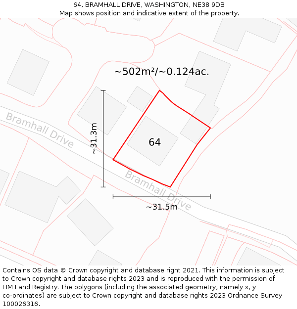 64, BRAMHALL DRIVE, WASHINGTON, NE38 9DB: Plot and title map