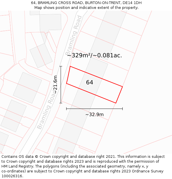64, BRAMLING CROSS ROAD, BURTON-ON-TRENT, DE14 1DH: Plot and title map