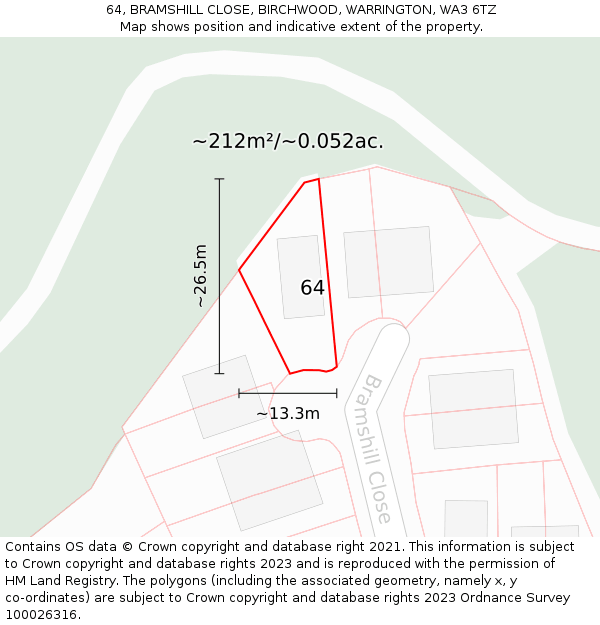 64, BRAMSHILL CLOSE, BIRCHWOOD, WARRINGTON, WA3 6TZ: Plot and title map