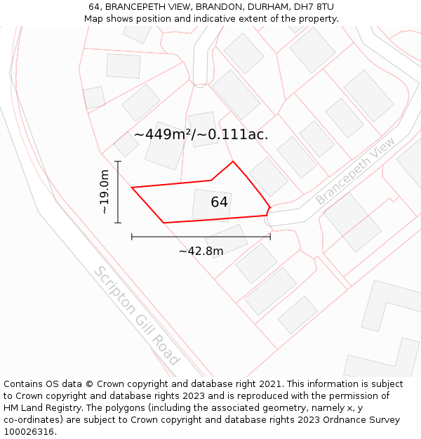 64, BRANCEPETH VIEW, BRANDON, DURHAM, DH7 8TU: Plot and title map