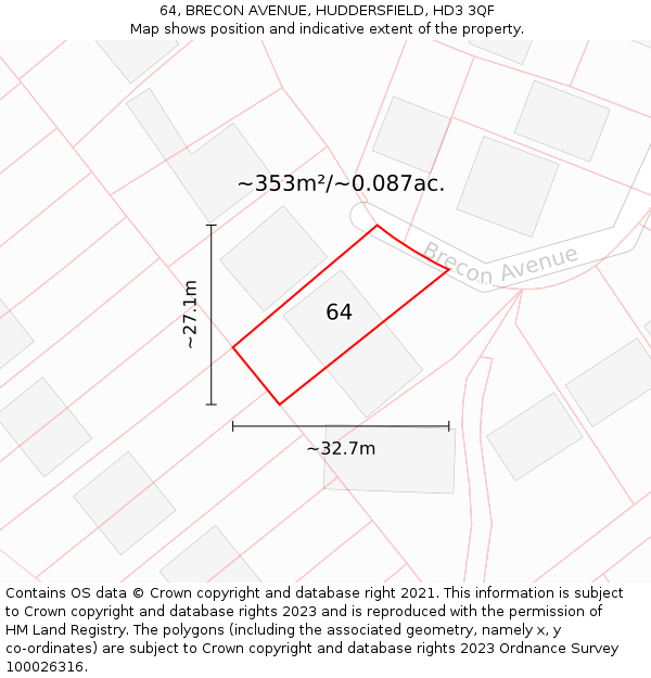 64, BRECON AVENUE, HUDDERSFIELD, HD3 3QF: Plot and title map