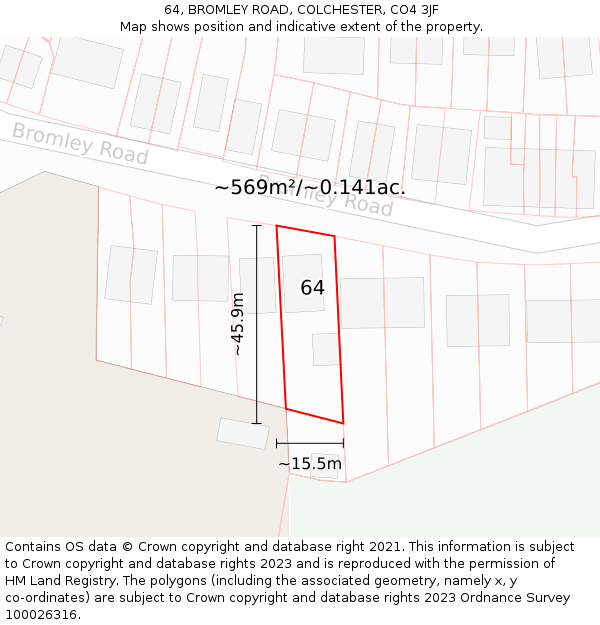 64, BROMLEY ROAD, COLCHESTER, CO4 3JF: Plot and title map