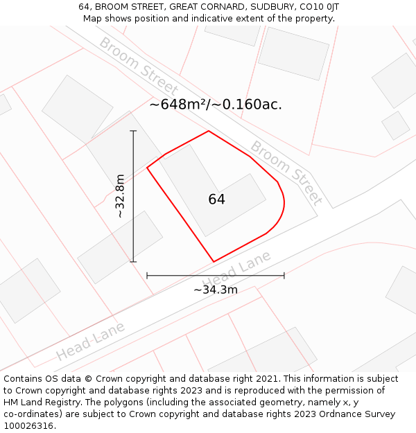 64, BROOM STREET, GREAT CORNARD, SUDBURY, CO10 0JT: Plot and title map