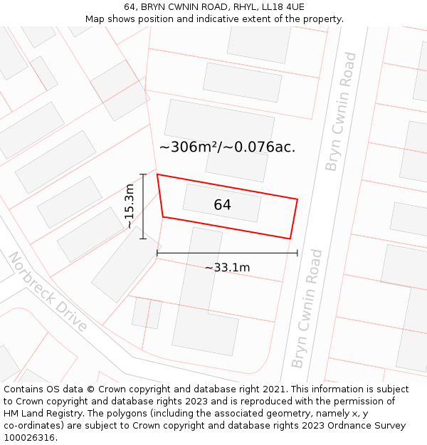 64, BRYN CWNIN ROAD, RHYL, LL18 4UE: Plot and title map