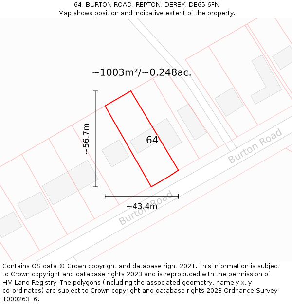 64, BURTON ROAD, REPTON, DERBY, DE65 6FN: Plot and title map