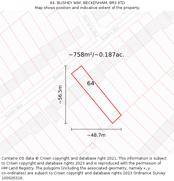 64, BUSHEY WAY, BECKENHAM, BR3 6TD: Plot and title map