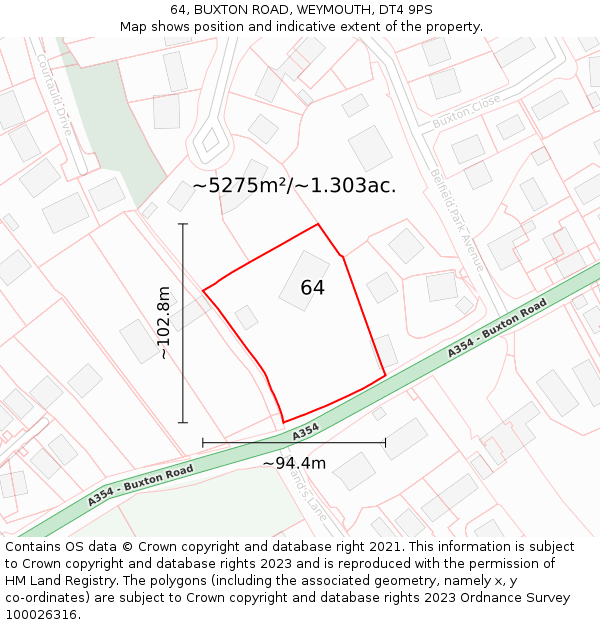 64, BUXTON ROAD, WEYMOUTH, DT4 9PS: Plot and title map