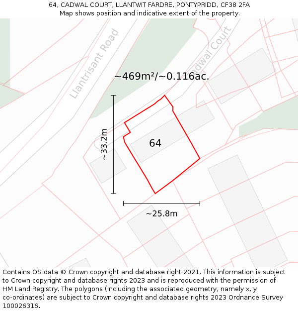 64, CADWAL COURT, LLANTWIT FARDRE, PONTYPRIDD, CF38 2FA: Plot and title map