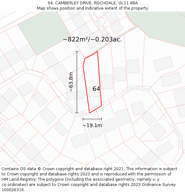 64, CAMBERLEY DRIVE, ROCHDALE, OL11 4BA: Plot and title map