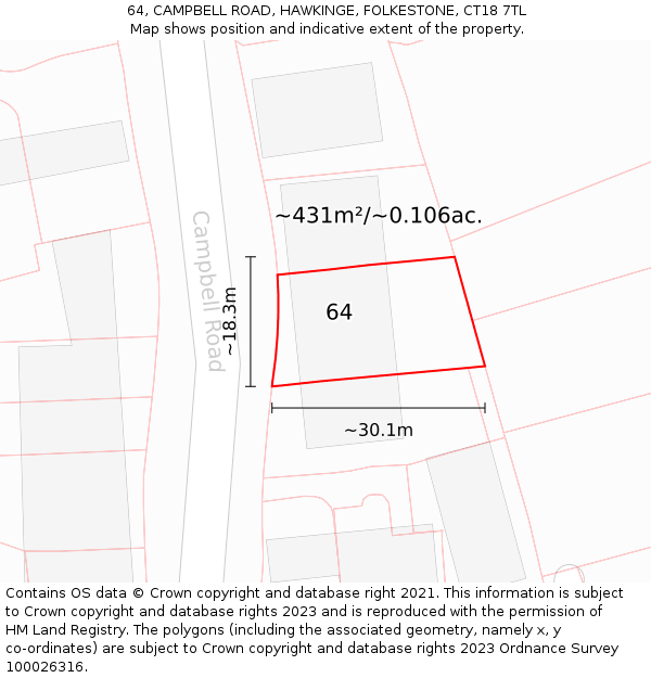 64, CAMPBELL ROAD, HAWKINGE, FOLKESTONE, CT18 7TL: Plot and title map