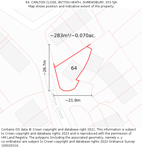64, CARLTON CLOSE, BICTON HEATH, SHREWSBURY, SY3 5JA: Plot and title map