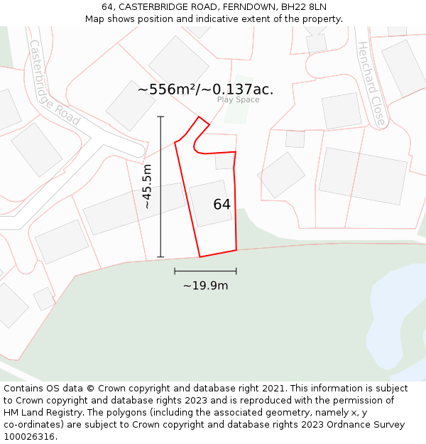 64, CASTERBRIDGE ROAD, FERNDOWN, BH22 8LN: Plot and title map