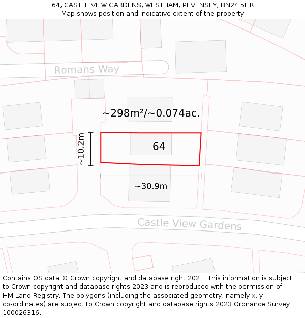 64, CASTLE VIEW GARDENS, WESTHAM, PEVENSEY, BN24 5HR: Plot and title map