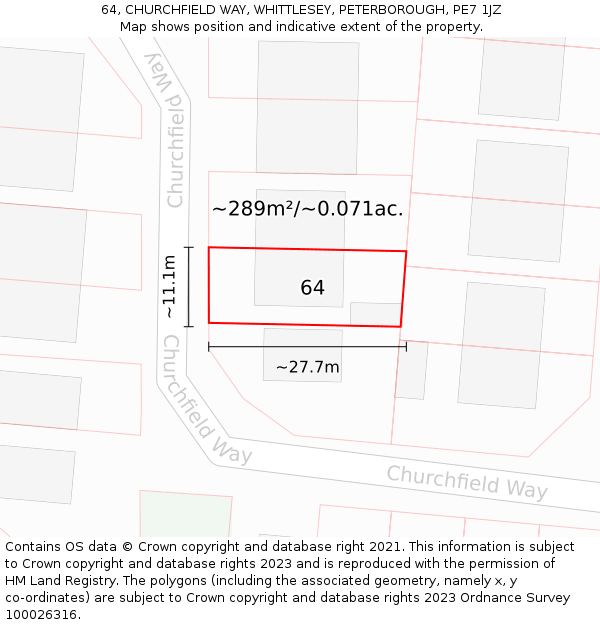 64, CHURCHFIELD WAY, WHITTLESEY, PETERBOROUGH, PE7 1JZ: Plot and title map