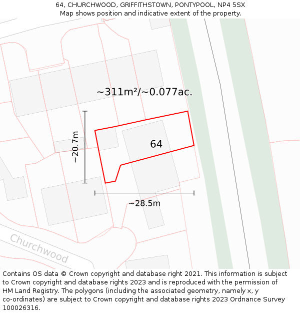 64, CHURCHWOOD, GRIFFITHSTOWN, PONTYPOOL, NP4 5SX: Plot and title map