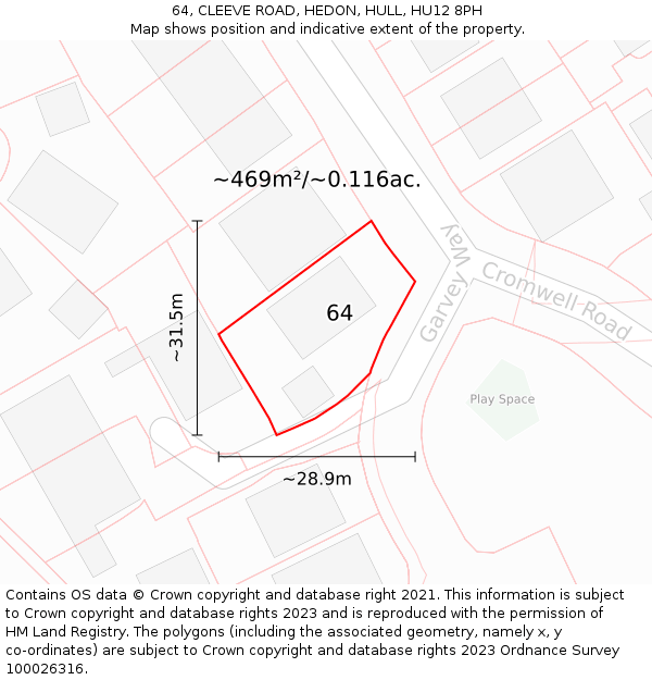 64, CLEEVE ROAD, HEDON, HULL, HU12 8PH: Plot and title map