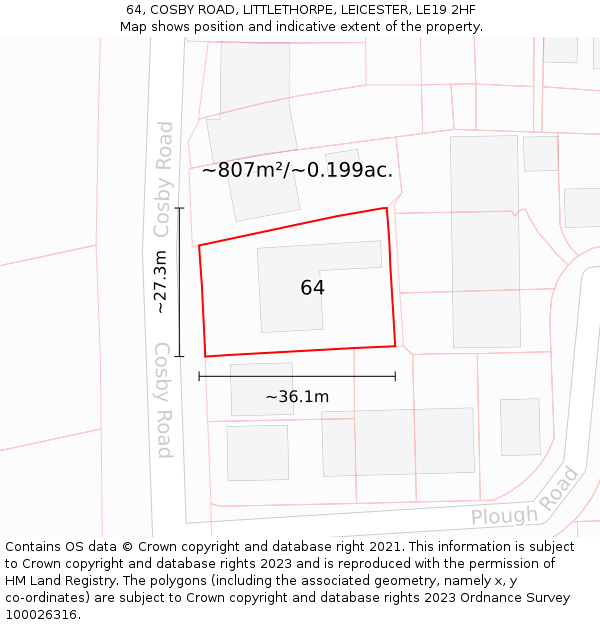 64, COSBY ROAD, LITTLETHORPE, LEICESTER, LE19 2HF: Plot and title map