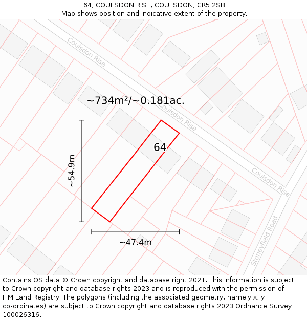 64, COULSDON RISE, COULSDON, CR5 2SB: Plot and title map